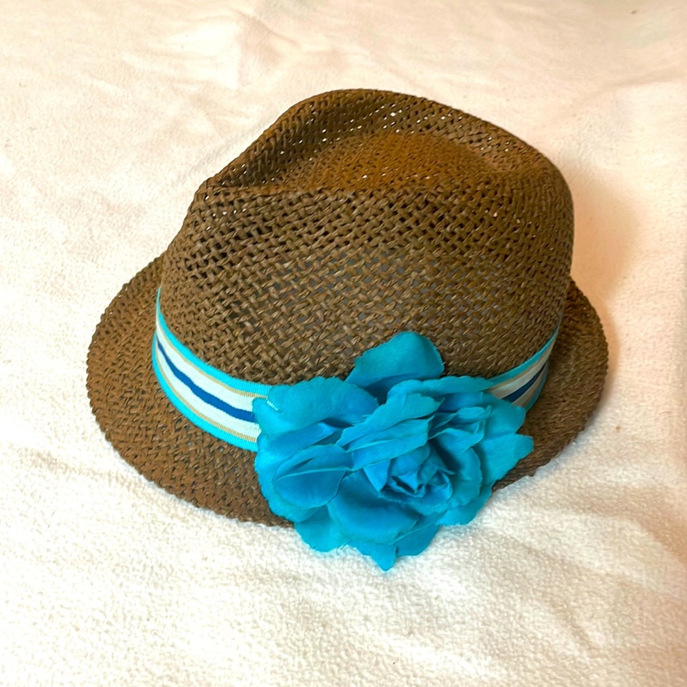 Cute straw hat with aqua blue flower